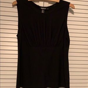 DKNY black tank with ruched bodice.